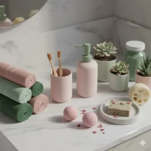 A selection of pink and green bathroom accessories, including towels, soap dispensers, and potted plants, to complement the decor.