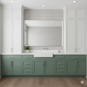 Two-tone bathroom design with lower sage green bathroom cabinets contrasting with white upper storage. 