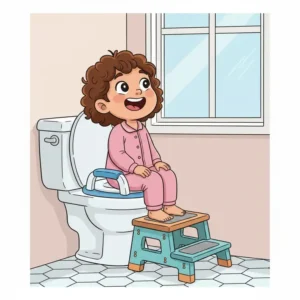 Using a sturdy plastic bathroom step stool to help toddlers reach the toilet during potty training.