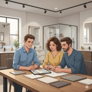 An organized wall display of various porcelain and ceramic tile samples for a bathroom remodel.