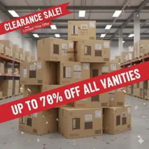 Group of boxed bathroom vanity clearance items ready for pickup at a discounted price.