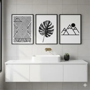 Stylish black and white prints for the bathroom featuring geometric patterns and high-contrast photography. 