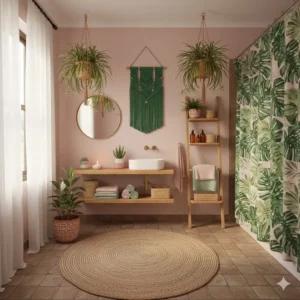 Bohemian pink and green bathroom with macrame plant hangers, rattan storage, and earthy terracotta floor tiles.
