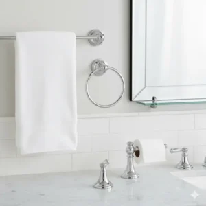 The popular Cassidy line set of delta bathroom accessories showing classic, polished design. 