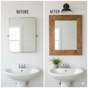 Before-and-after of a DIY farmhouse bathroom mirror project, highlighting the simple framed upgrade. 