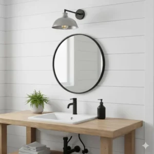 A galvanized metal gooseneck light fixture above a round mirror in a white modern farmhouse bathroom.