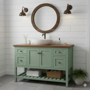 Farmhouse-style vanity with sage green bathroom cabinets. 