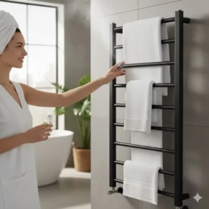 A luxurious heated towel rack keeping towels warm, an often-overlooked but desirable item among premium bathroom fixtures.