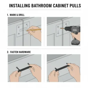 Step-by-step image guide on properly drilling and securing bathroom handles for cabinets onto a vanity drawer.