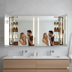 Wide, double-door medicine cabinet providing ample storage, featuring built-in task lighting for shaving or makeup application. 