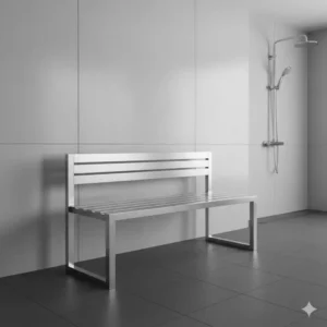 Modern metal bench for bathroom made of stainless steel with a minimalist, industrial design. 