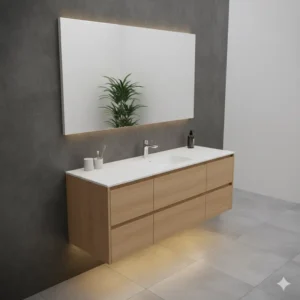 Custom natural oak bathroom cabinets light wood cabinetry providing a Scandinavian, airy look with integrated shelving. 