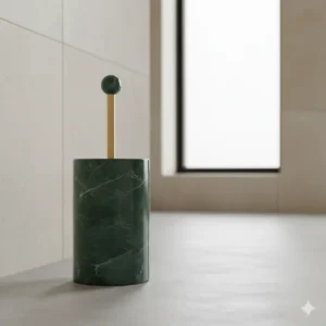 Discreet and premium marble bathroom accessories toilet brush set to maintain a clean aesthetic in the bathroom.