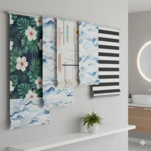 Assortment of attractive patterned roman shades for bathroom decor styles.