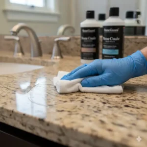 Application of a sealant to granite bathroom vanity tops, demonstrating essential maintenance for long-term protection.