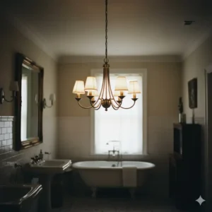 Small, ornate vintage chandelier hanging in a spacious bathroom, an elegant choice among vintage bathroom light fixtures.