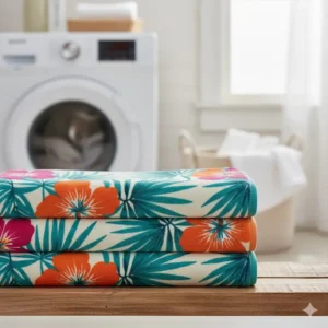 Stack of three folded mats with a tropical flower print, emphasizing the easy-care nature of these machine-washable floral bathroom rugs. 