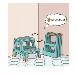 Space-saving, foldable bathroom step stool that easily tucks away when not in use.