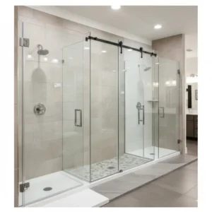 Several examples of frameless glass shower doors on display at a local bathroom remodel center.