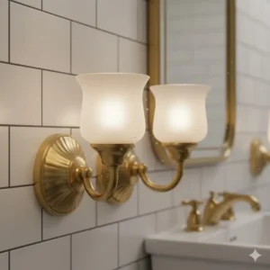 Detailed view of a polished brass vintage bathroom light fixture, highlighting luxurious vintage bathroom light fixtures.