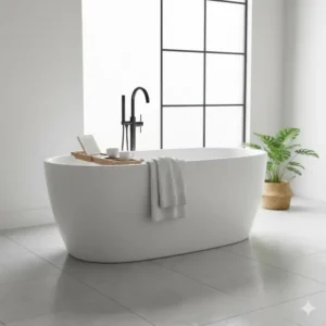 An elegant freestanding soaking bathtub, highlighting the comfort provided by top-rated bathroom fixtures.