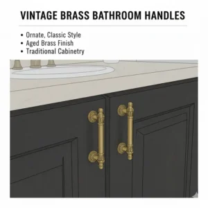 Ornate, traditional vintage brass bathroom handles for cabinets on dark wood cabinetry.