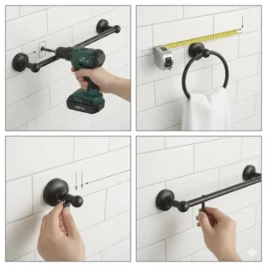 Clear image demonstrating the easy installation process for delta bathroom accessories components. 