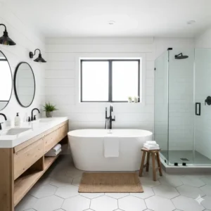 Open wood shelving unit with woven baskets and towels, essential storage for a white modern farmhouse bathroom.