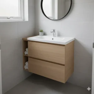 Completed master bathroom renovation showcasing new floor-to-ceiling tiles and simple bathroom cabinets light wood under soft lighting. 