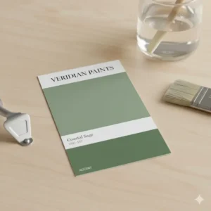 Sample paint swatch for sage green bathroom cabinets. 