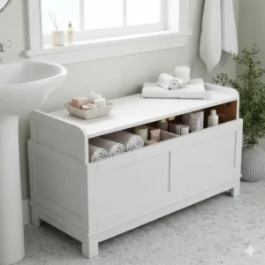 White storage bench for bathroom that doubles as a chest, perfect for holding towels and toiletries. 