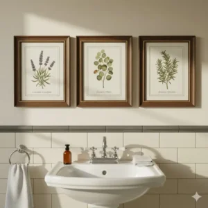 Vintage bath prints collection showcasing old botanical illustrations of essential oils and herbs. 
