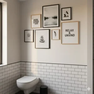 Gallery wall arrangement of various art prints in a guest bathroom above the toilet, complementing the tile work.