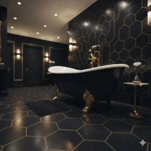 A stunning freestanding black bathtub with ornate gold claw feet, serving as the focal point of a luxury bathroom.