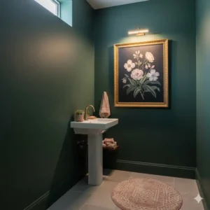 Elegant dark green painted wall in a powder room, offset by soft pink accents like floral artwork and a rug.