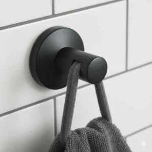 Close-up texture sample of the matte black finish available on delta bathroom accessories.