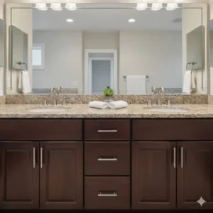 Large granite bathroom vanity tops featuring two integrated sinks, ideal for a master bathroom.