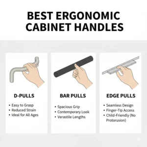 Comparison chart outlining various ergonomic bathroom handles for cabinets designed for comfort and accessibility.