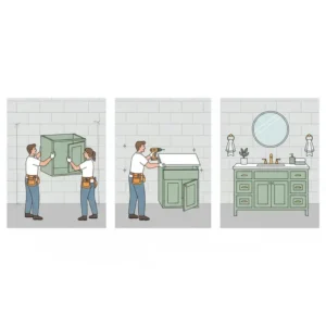 Step-by-step image showing the process of installing new sage green bathroom cabinets.