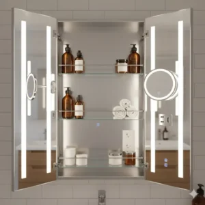 Open medicine cabinet with lights detailing an integrated magnifying mirror section and interior USB charging ports.