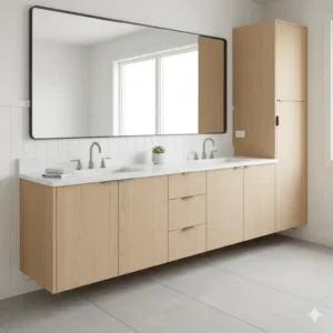 Illustration 7: Bathroom cabinets light wood featuring a practical open niche section for easy access to rolled-up bath towels. 