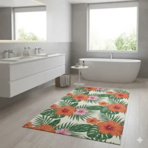 A stylish interior shot showing a white tub and a bright, tropical flower print mat, serving as attractive floral bathroom rugs decor.