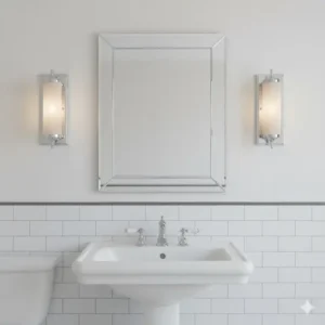 Two matching vintage bathroom light fixtures placed vertically on either side of a large bathroom mirror, ideal vintage bathroom light fixtures.