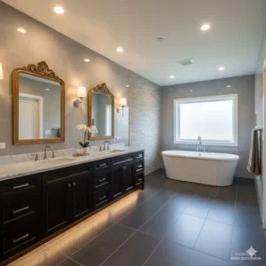 A fully completed, luxury-style bathroom remodel with dark cabinets and a large soaking tub, seen in a local design portfolio.