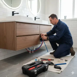 Licensed contractor performing essential plumbing work during a comprehensive bathroom remodel colorado springs.