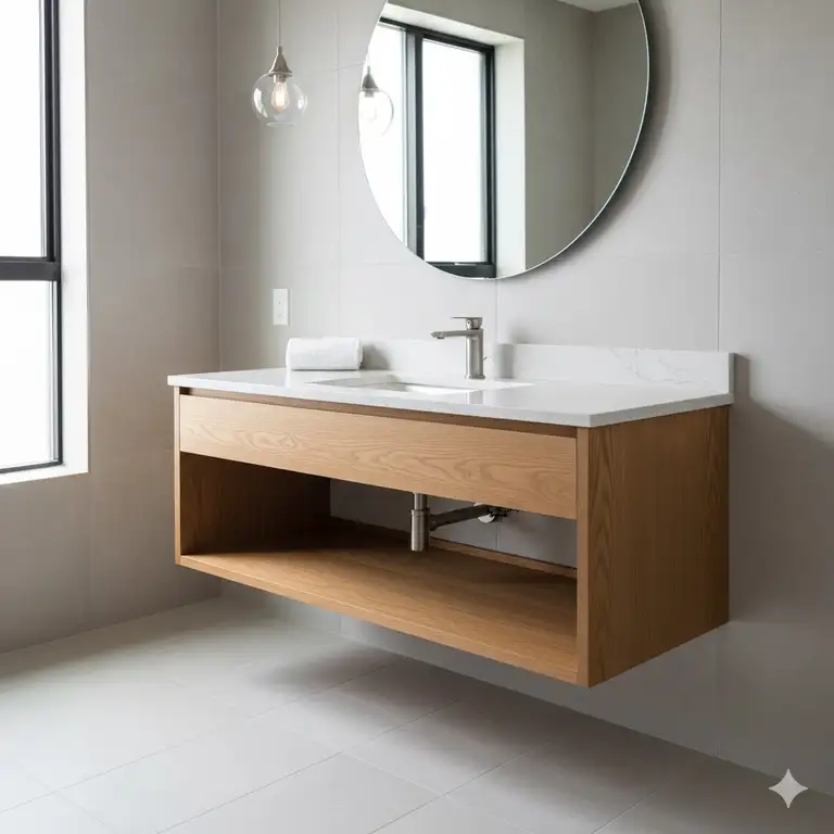 A stunning, modern ada bathroom vanity with an open-base design for wheelchair accessibility, featuring a white integrated sink and brushed nickel faucet.