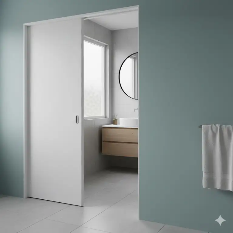 A modern bathroom featuring a sleek, painted bathroom pocket door that slides seamlessly into the wall, illustrating its space-saving solution in a small home or ensuite.