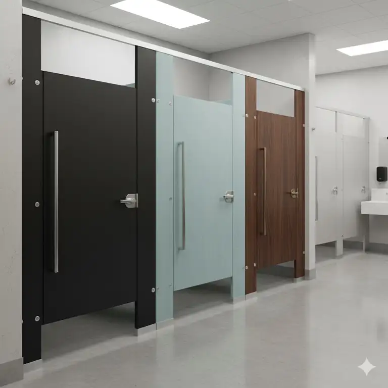 A clean commercial restroom setting showcasing different materials and partition styles for bathroom stall doors, optimized for privacy and durability.