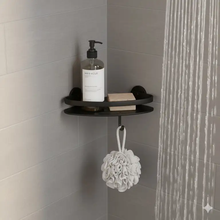 A stylish matte black corner shower shelf bathroom accessory, perfect for holding shampoo and soap.
