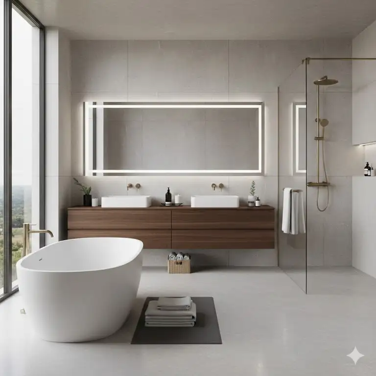 A highly-detailed 3D render of a modern, luxurious bathroom scene created in Daz Studio, showcasing various essential props like a freestanding tub, sleek vanity, and textured towels for realistic CGI art.daz studios bathroom props